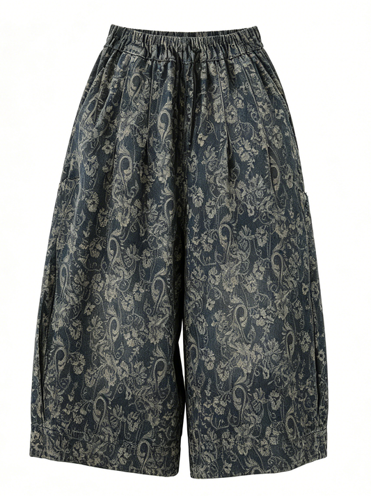 Paisley Print Cropped Wide Leg Denim Pants