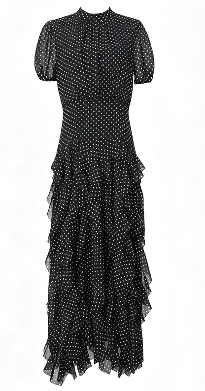 Black Polka Dot Ruffle Chiffon Maxi Dress