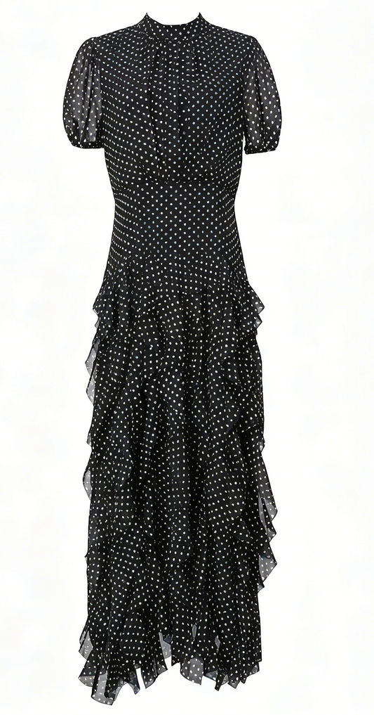 Black Polka Dot Ruffle Chiffon Maxi Dress