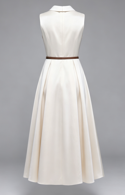 Satin A-Line Midi Dress with Belt | Black & Apricot