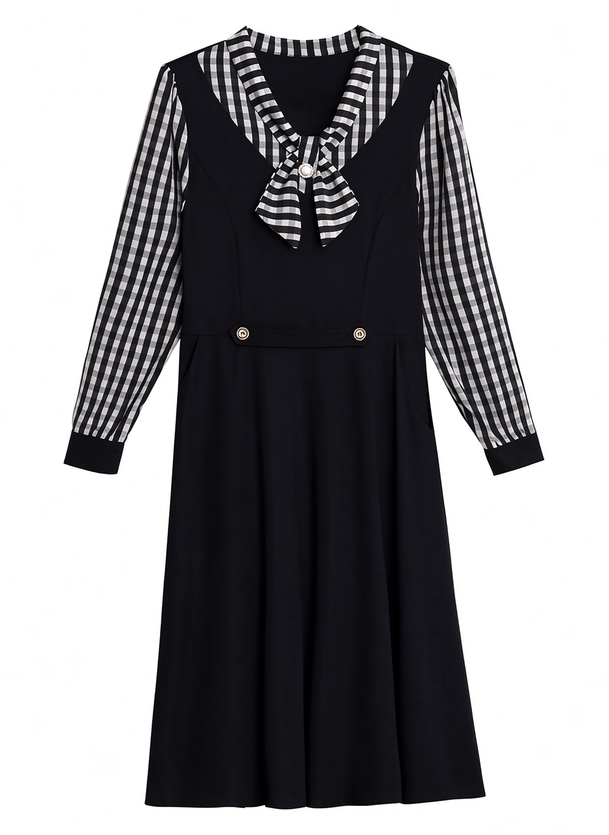28159  Black Gingham Tie-Neck Midi Dress with Pockets - LAI MENG FIVE CATS