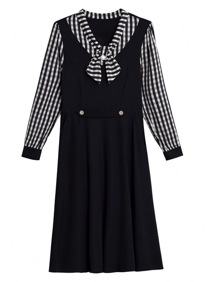 28159  Black Gingham Tie-Neck Midi Dress with Pockets - LAI MENG FIVE CATS
