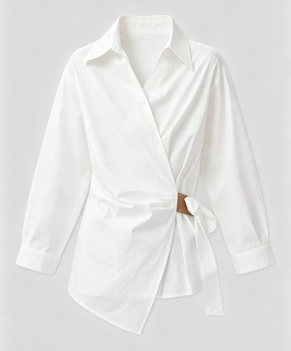 White Tie-Waist Asymmetric Shirt | Early Fall
