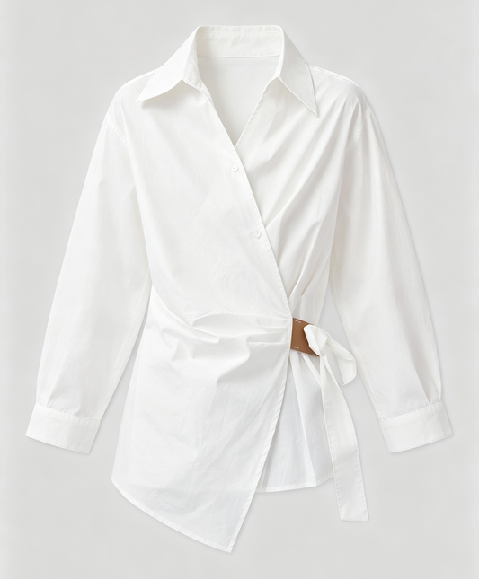 White Tie-Waist Asymmetric Shirt | Early Fall