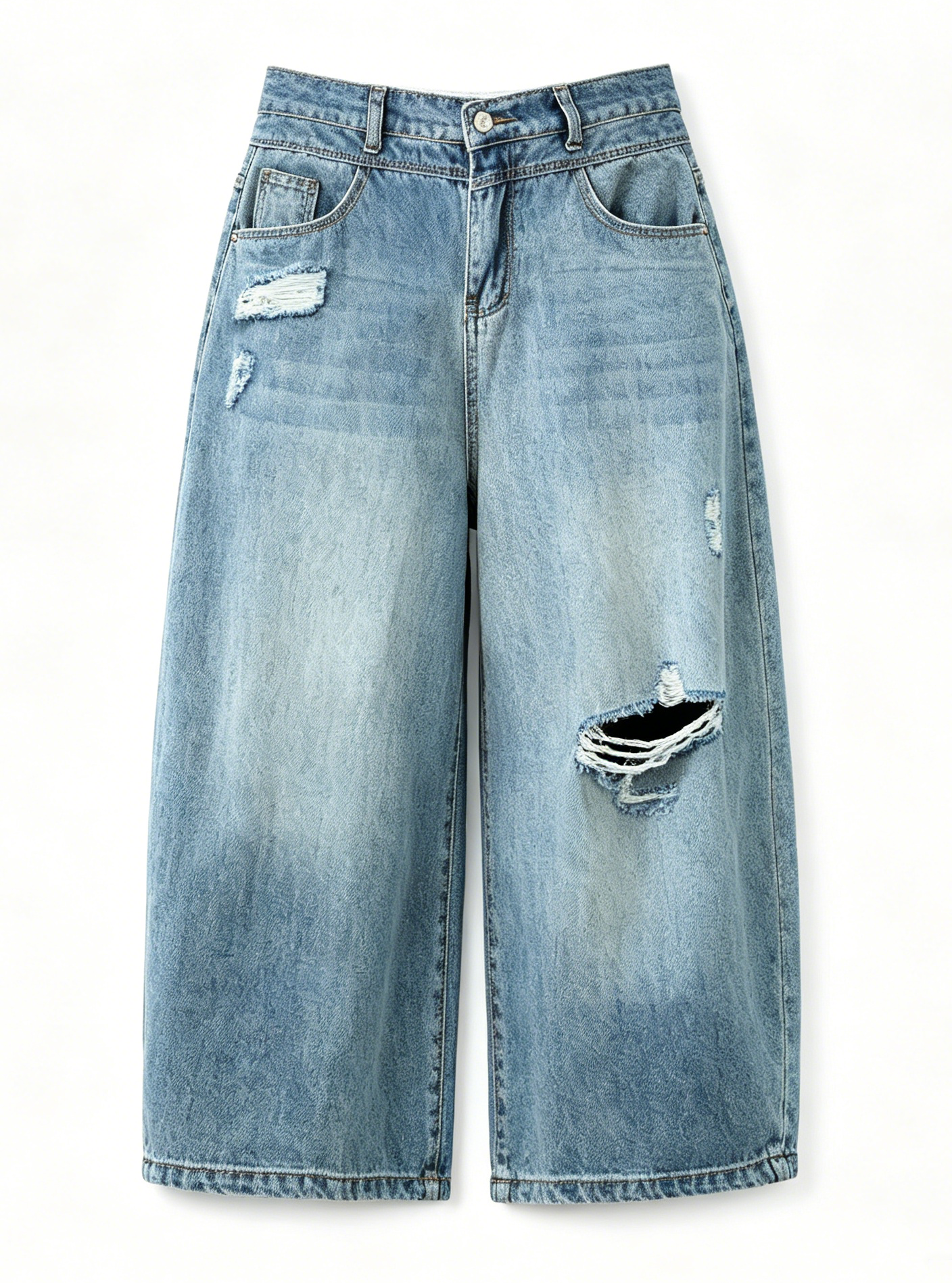 Lightweight Distressed Cropped Wide Leg Jeans