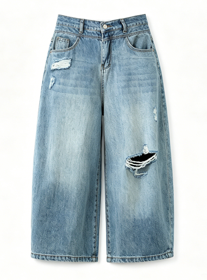 Lightweight Distressed Cropped Wide Leg Jeans