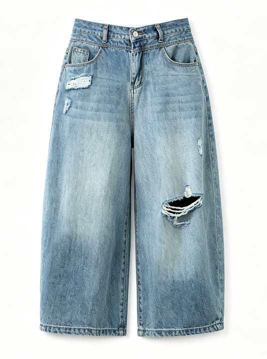 Lightweight Distressed Cropped Wide Leg Jeans