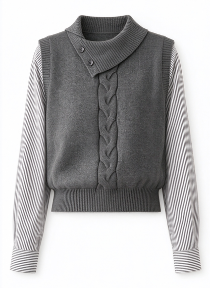 28726 Layered-Look Knit Sweater in Gray & Navy