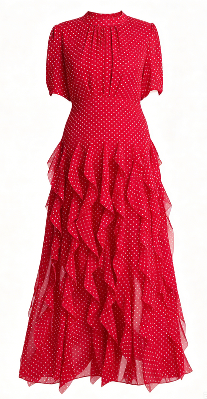 Polka Dot Ruffle Chiffon Maxi Dress