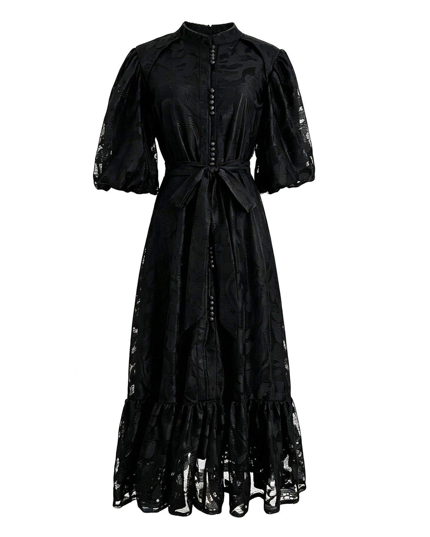 Black Lace Button Front Midi Dress | Elegant Evening Dress