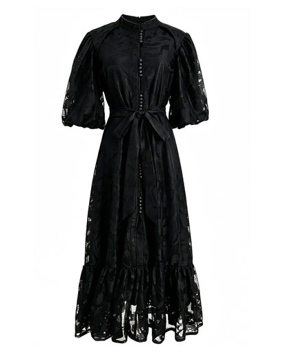 Black Lace Button Front Midi Dress | Elegant Evening Dress