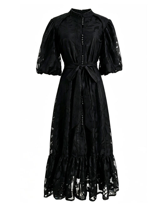 Black Lace Button Front Midi Dress | Elegant Evening Dress