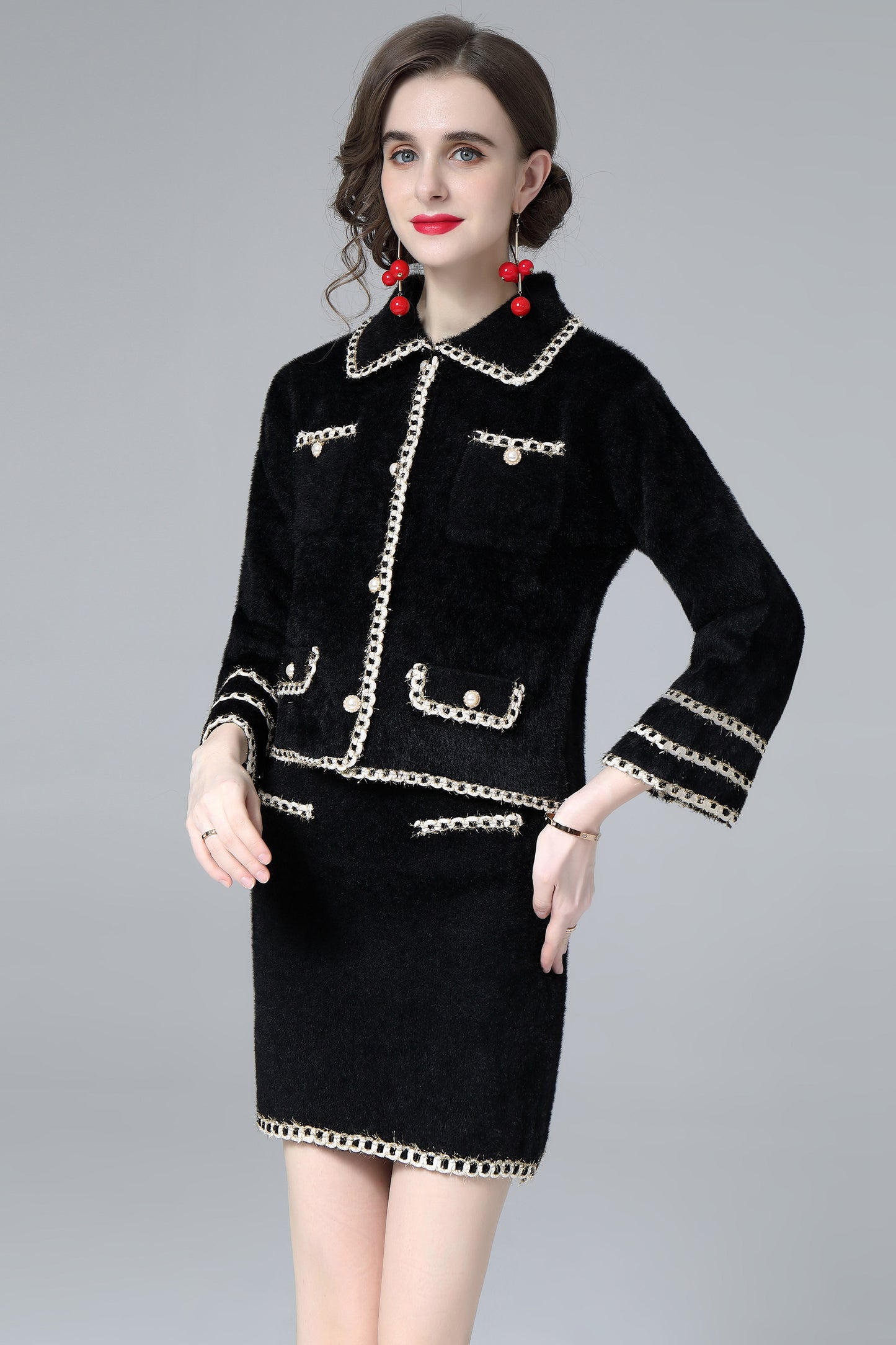 Women's Faux wool Button Front Jacket Coat with Skirt Set 2 Piece Outfit