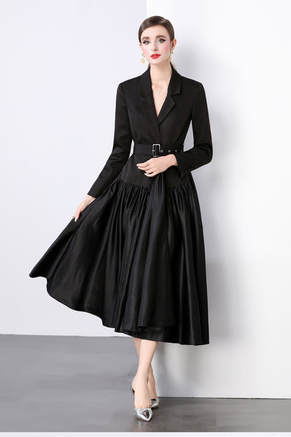 V-neck Belt Patchwork Satin Suit Dress