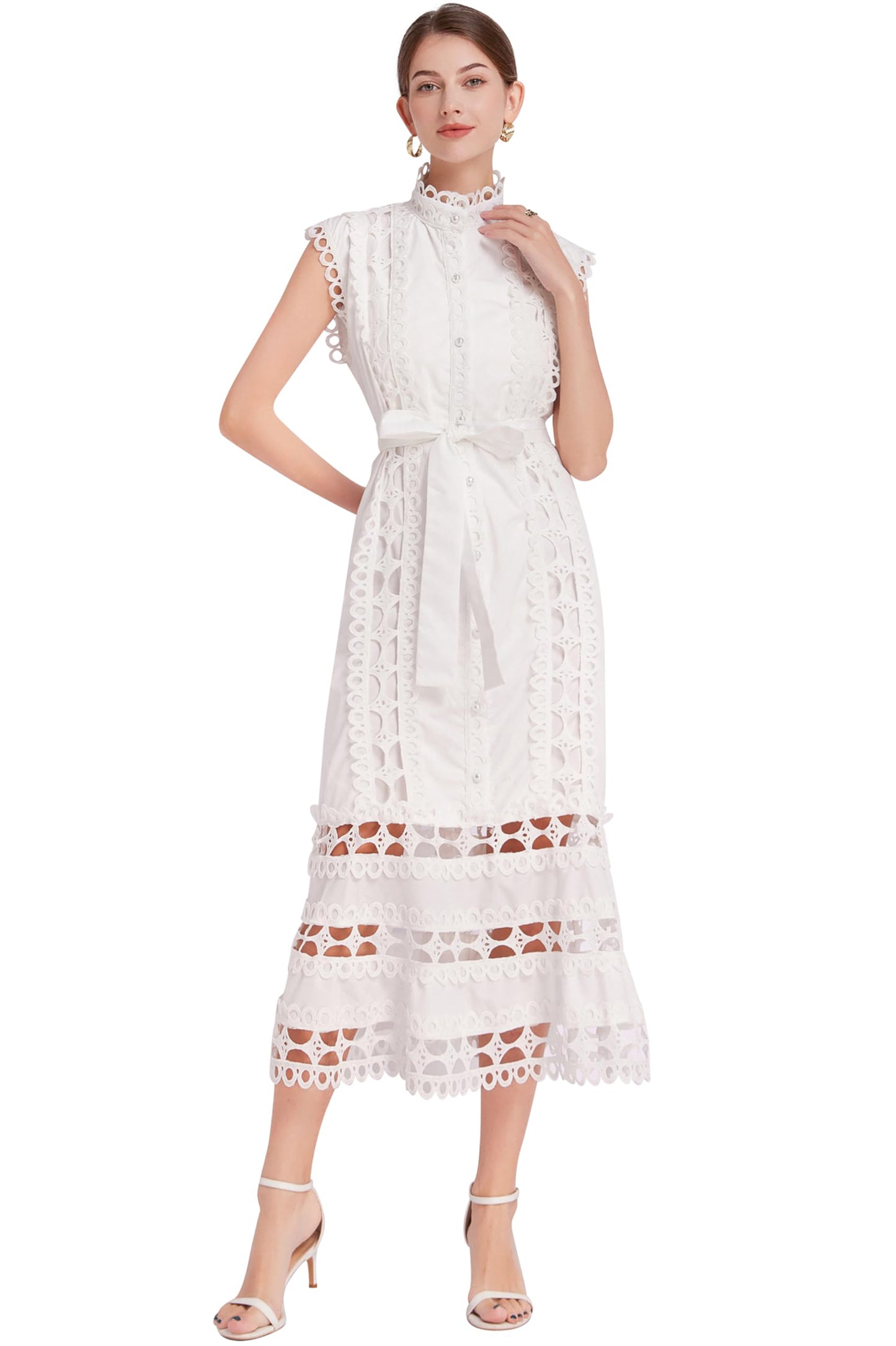 BK-Hollow Lace Button Midi Dress