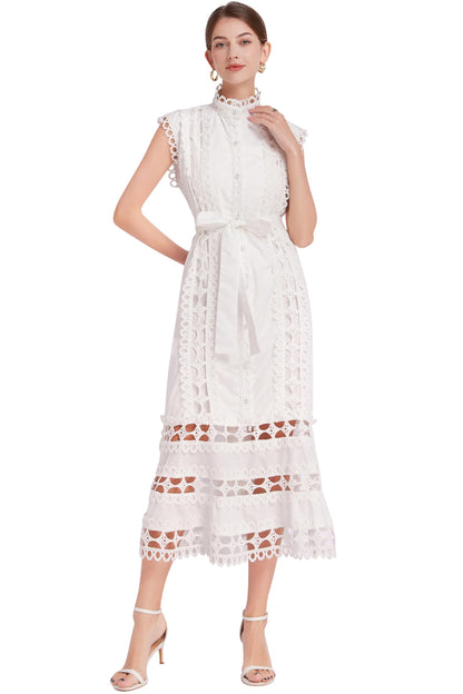 BK-Hollow Lace Button Midi Dress