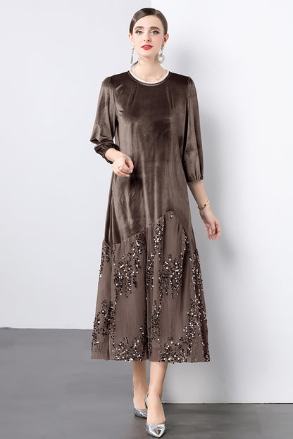 Velvet Lace Patchwork Sequins Midi Dress