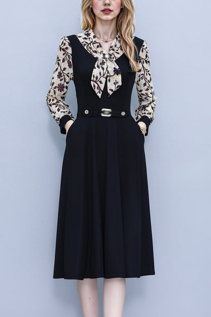 Women's V-Neck Long Sleeve Patchwork Black Dress