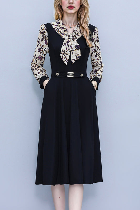 Women's V-Neck Long Sleeve Patchwork Black Dress