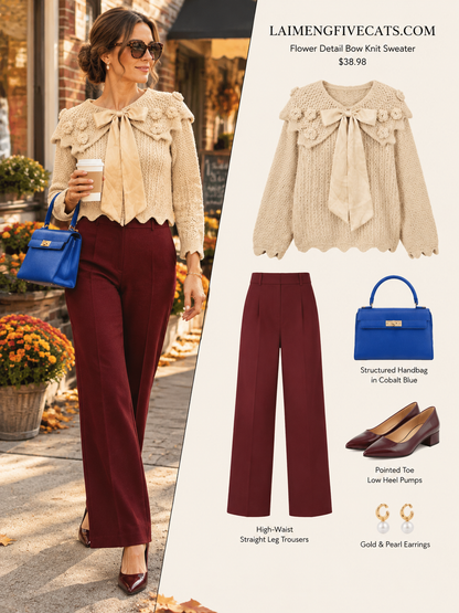 28725 Floral Bow Knit Sweater in Orange & Apricot