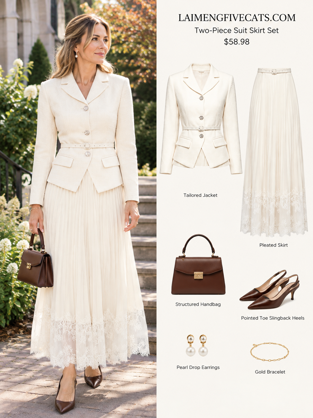 Elegant Two-Piece Pleated Skirt Suit Set for Women | Pink, Black & Beige