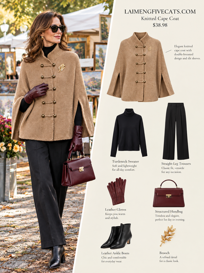 28695-Women's Knit Cape Coat – Navy & Camel