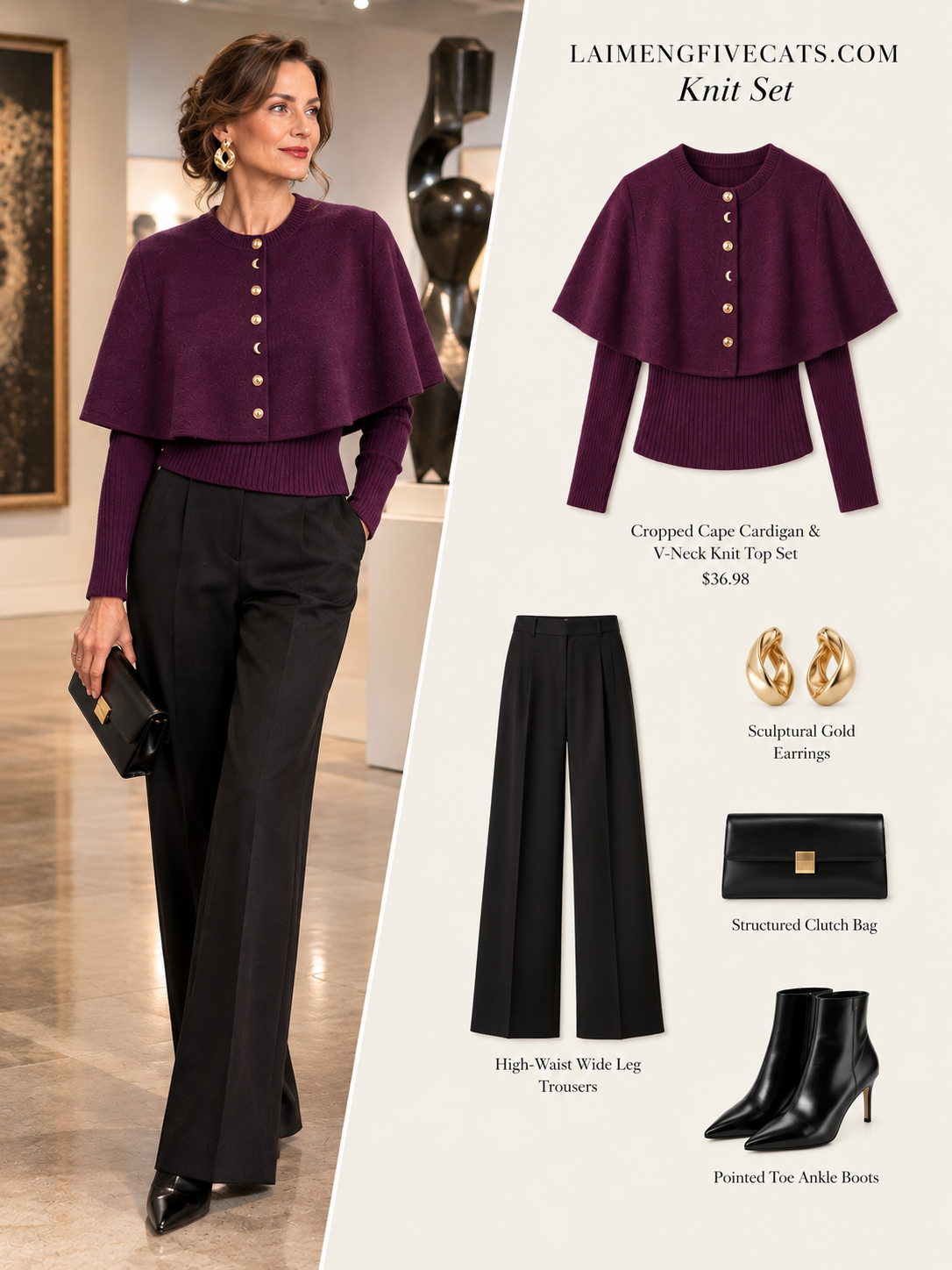 27818 Elegant Cropped Knit Cape Cardigan Set | 5 Colors