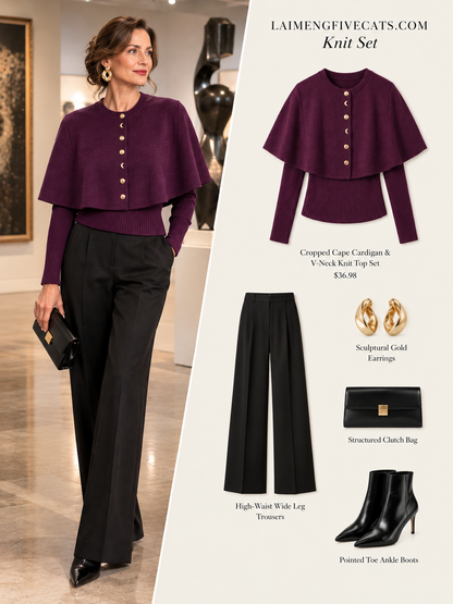 27818 Elegant Cropped Knit Cape Cardigan Set | 5 Colors