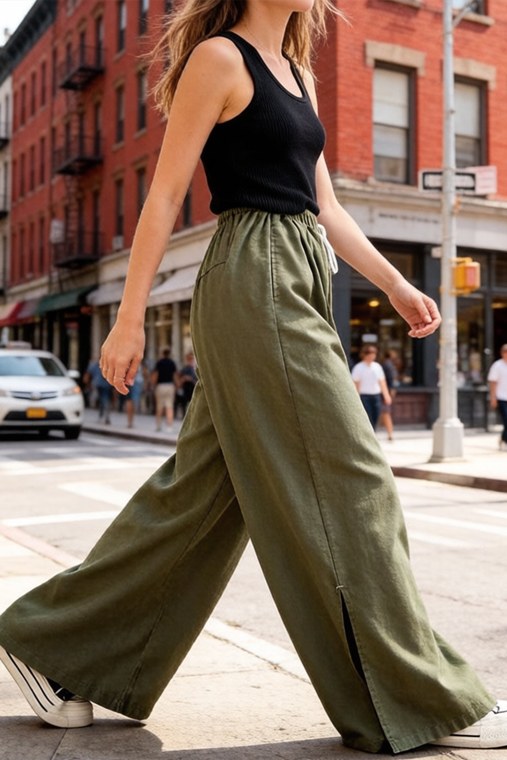 Women's Waisted Drawstring Side Slit Wide Leg Pants - LAI MENG FIVE CATS