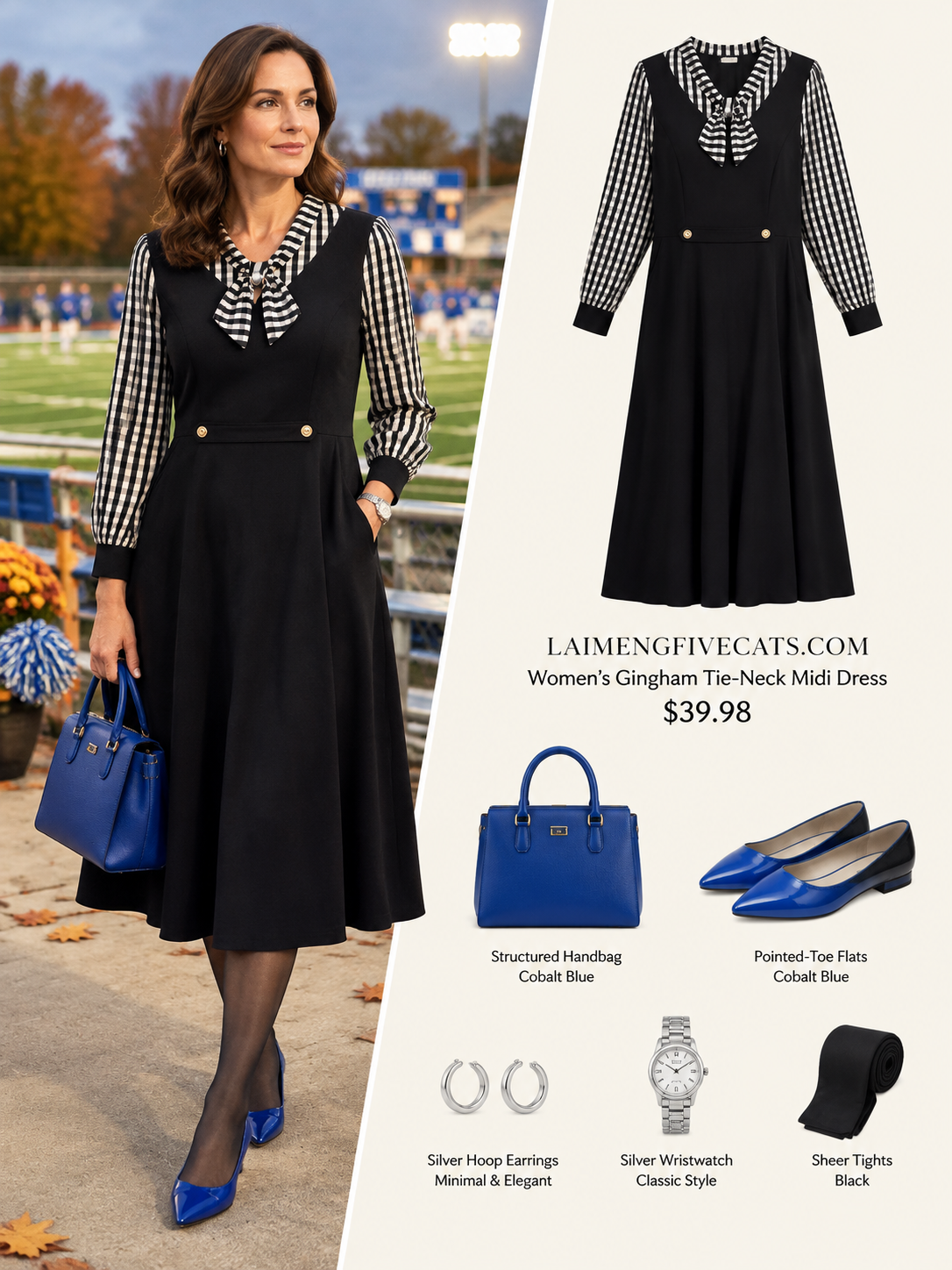 28159  Black Gingham Tie-Neck Midi Dress with Pockets - LAI MENG FIVE CATS