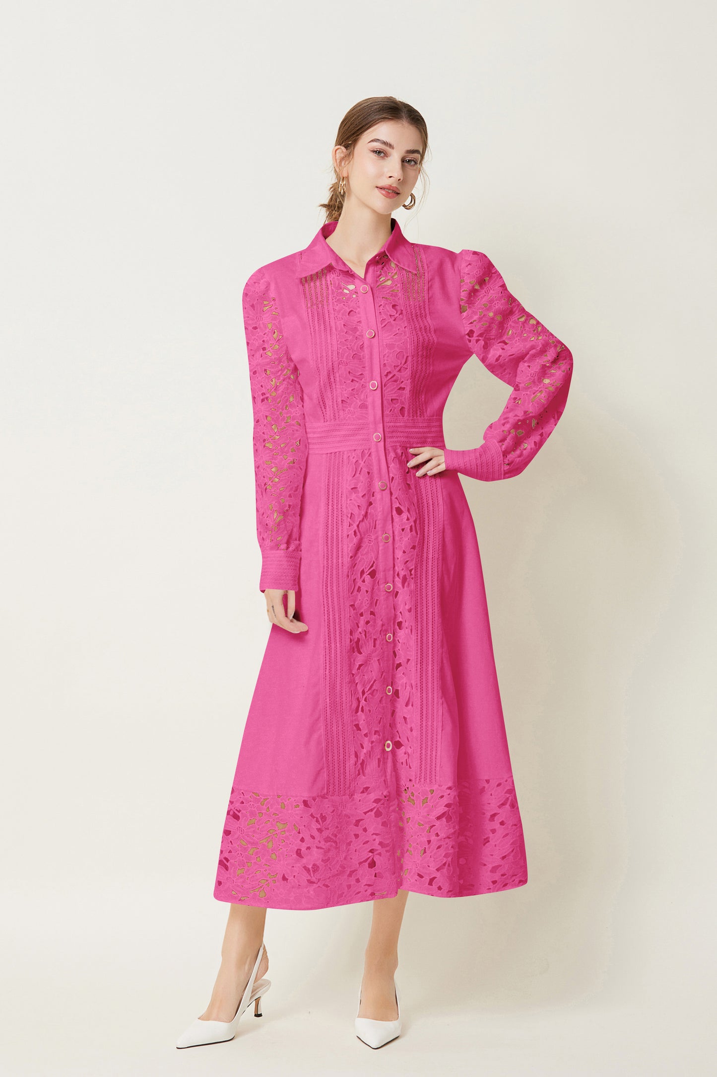 Lapel Long Sleeves Lace Buttons Maxi Dress