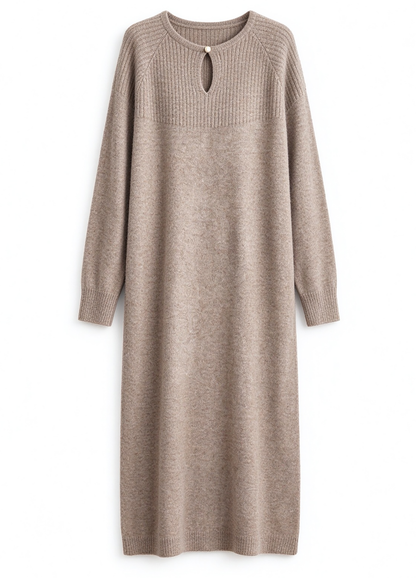 28721 Women's Keyhole Neck Knit Midi Dress – Relaxed Fit | 3 Colors