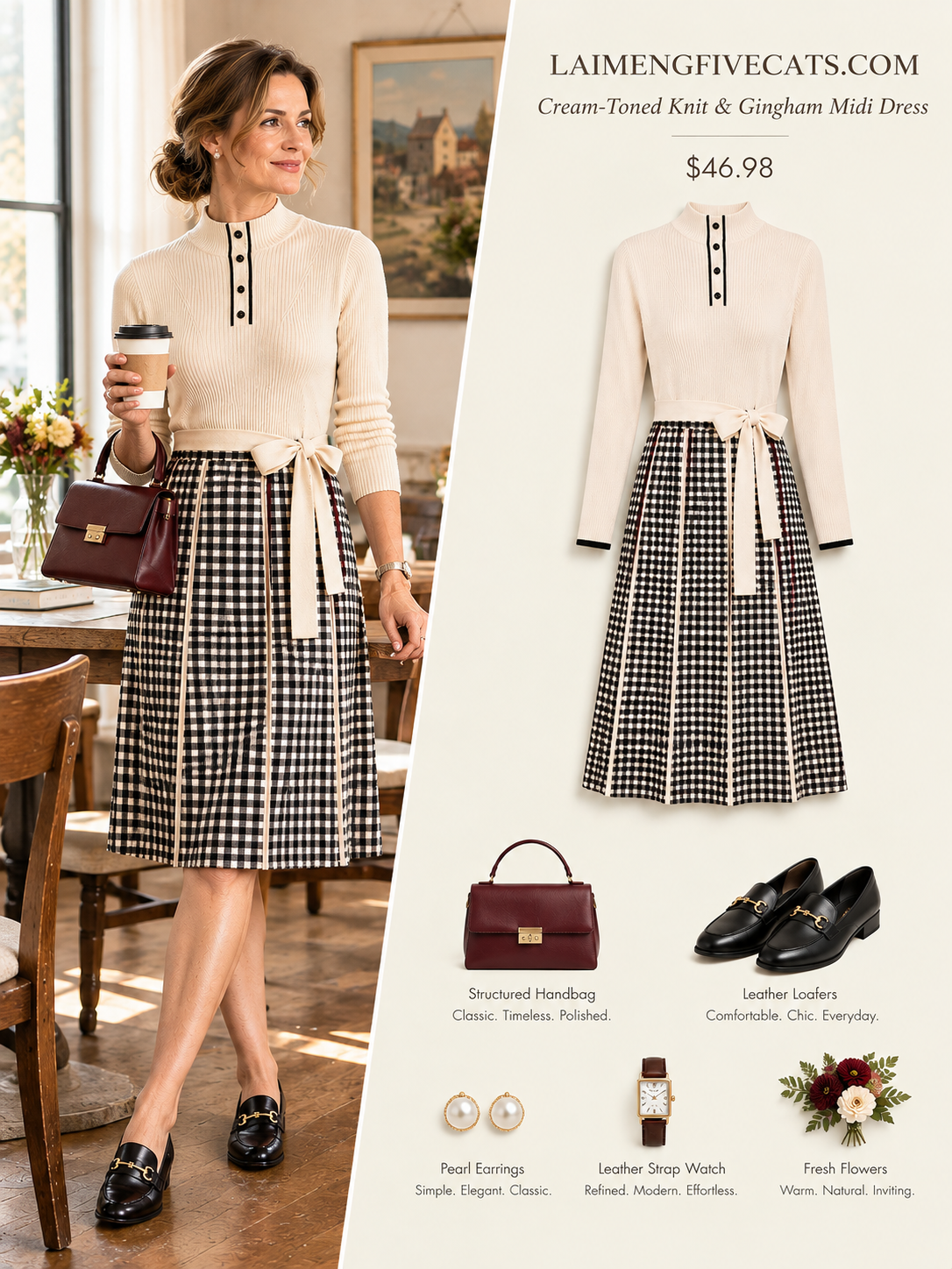 25133 Elegant 2-in-1 Knit Dress: Turtleneck, Faux Button Detail & Plaid Pleated Dress