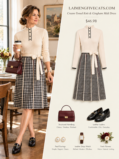 25133 Elegant 2-in-1 Knit Dress: Turtleneck, Faux Button Detail & Plaid Pleated Dress