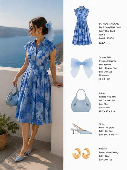 Blue Porcelain Muse Printed Belted Midi Dress