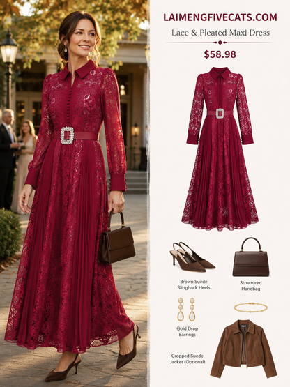 Lace & Chiffon Maxi Dress – Elegant Long Sleeve Dress with Crystal Belt