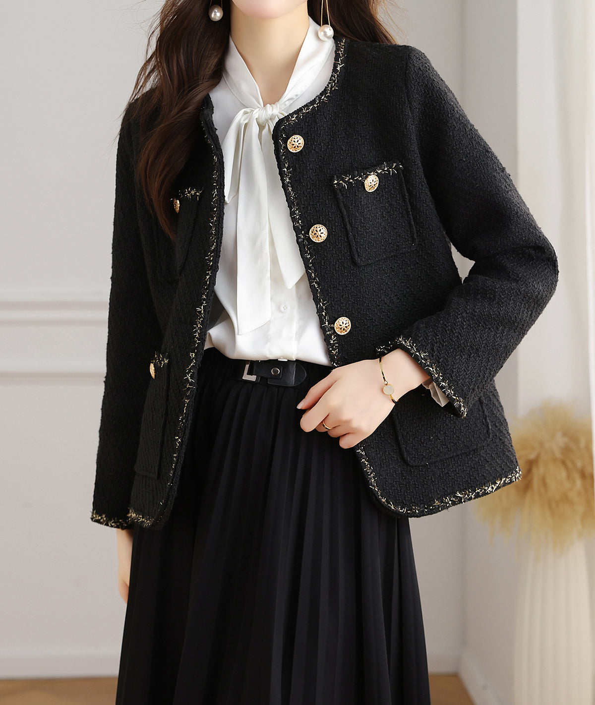 28687 Black Tweed Jacket with Gold Buttons