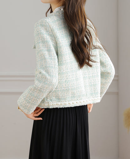 28705 Mint Blue Pearl-Trim Tweed Jacket