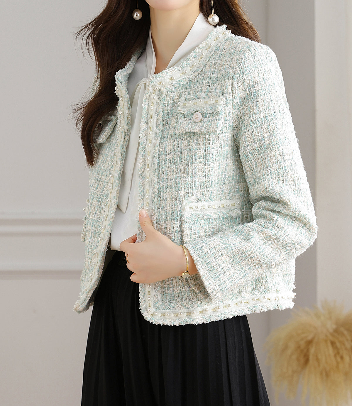 28705 Mint Blue Pearl-Trim Tweed Jacket