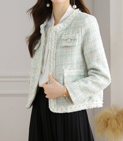 28705 Mint Blue Pearl-Trim Tweed Jacket