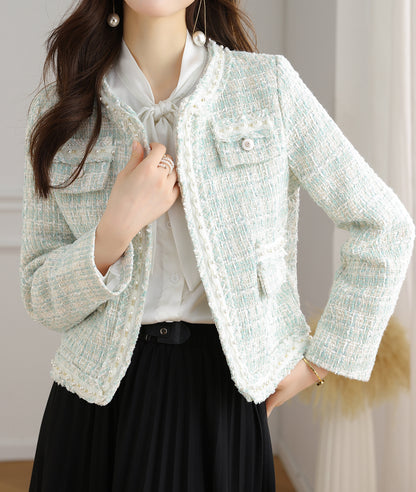 28705 Mint Blue Pearl-Trim Tweed Jacket