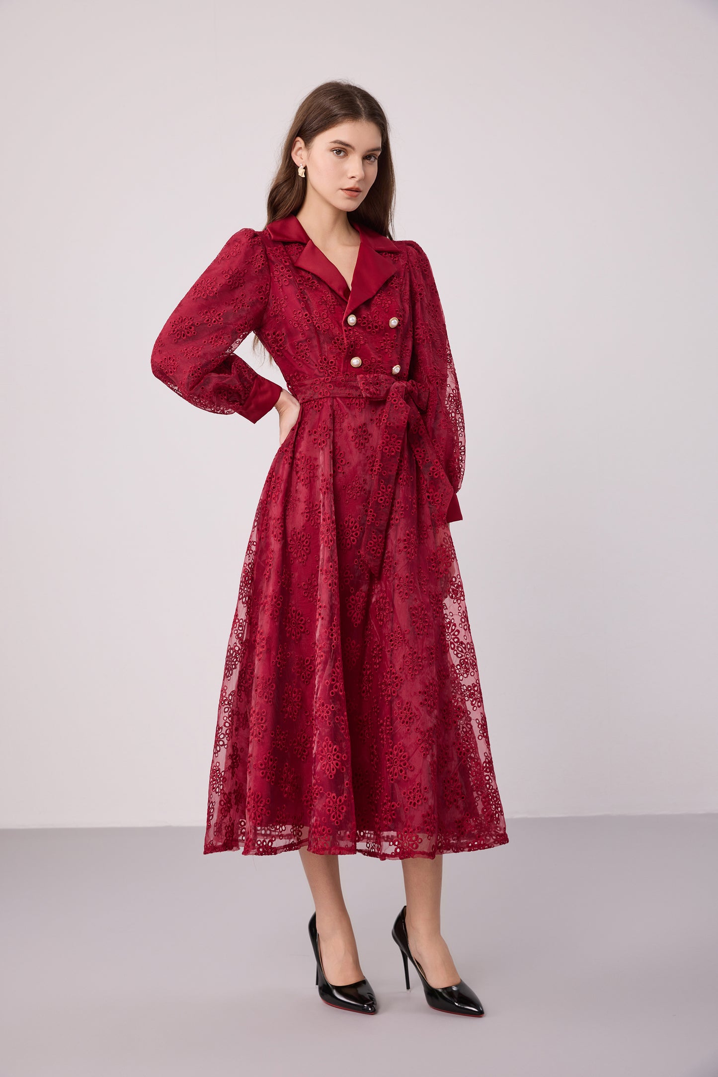 Elegant Embroidered Mesh Double Button Midi Dress