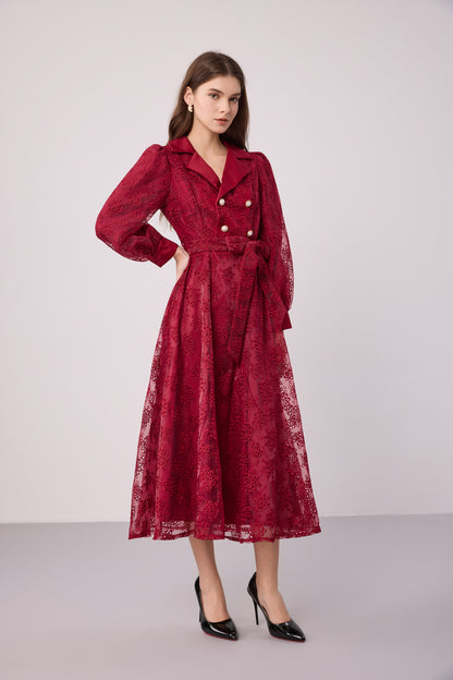 Elegant Embroidered Mesh Double Button Midi Dress