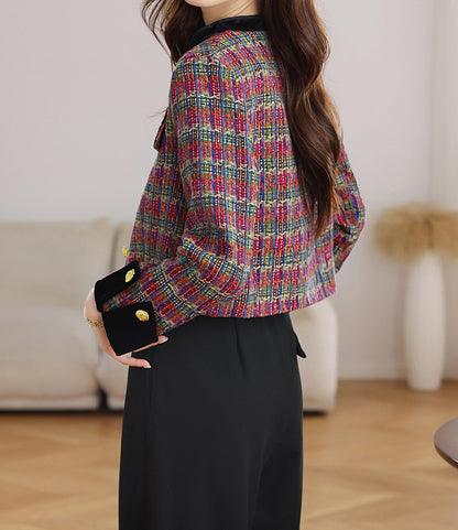 28689-Tweed & Velvet Cropped Jacket | LAI MENG FIVE CATS - LAI MENG FIVE CATS