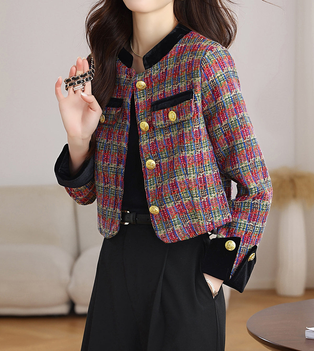 28689-Tweed & Velvet Cropped Jacket | LAI MENG FIVE CATS - LAI MENG FIVE CATS