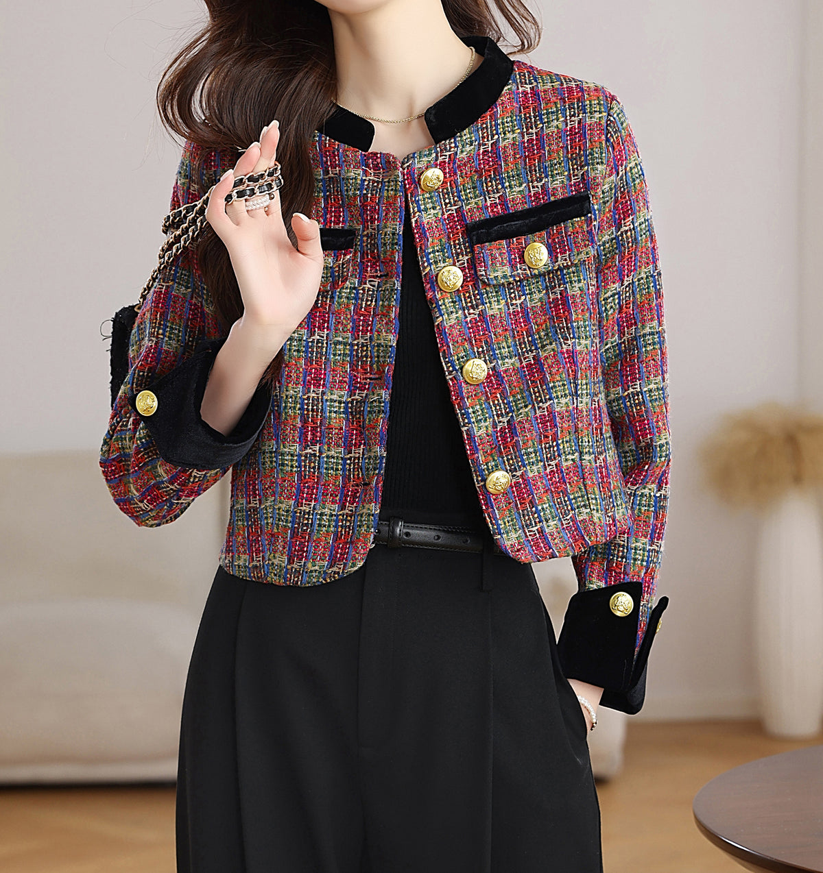 28689-Tweed & Velvet Cropped Jacket | LAI MENG FIVE CATS - LAI MENG FIVE CATS