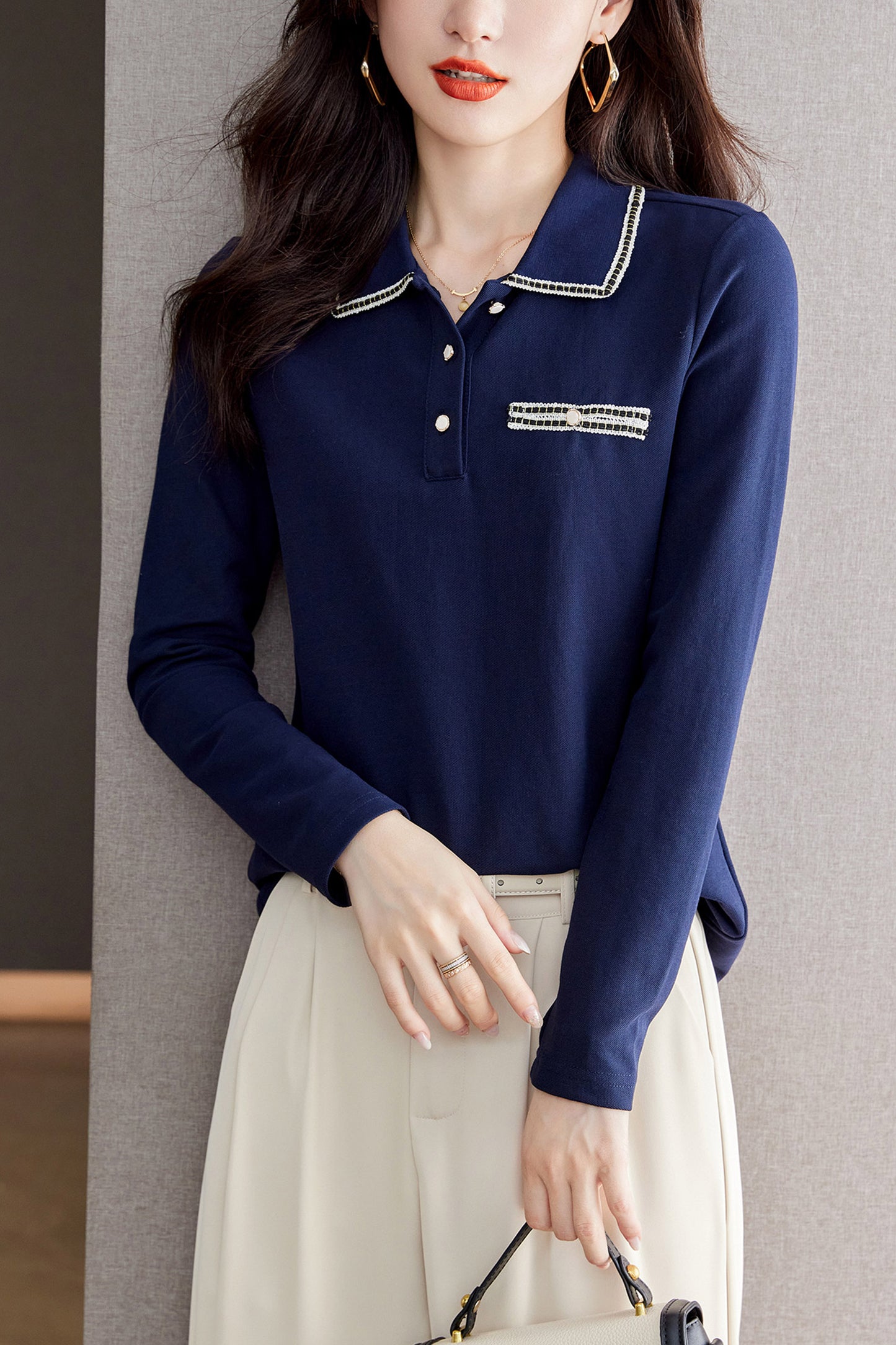 Women's Casual Polo Sweater Long Sleeve Knit Pullover Tops