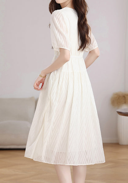 Ivory Textured Chiffon Midi Dress with Elastic Waist