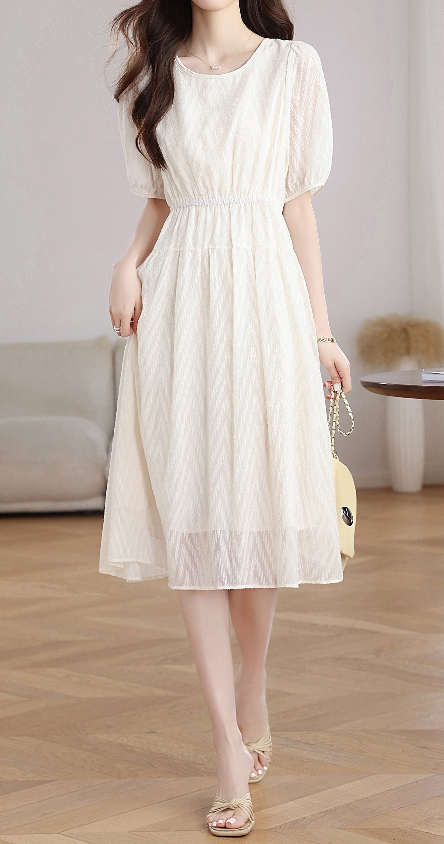 Ivory Textured Chiffon Midi Dress with Elastic Waist