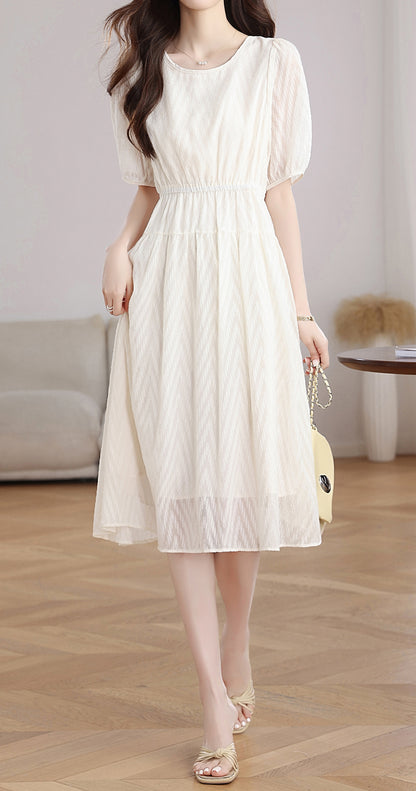 Ivory Textured Chiffon Midi Dress with Elastic Waist